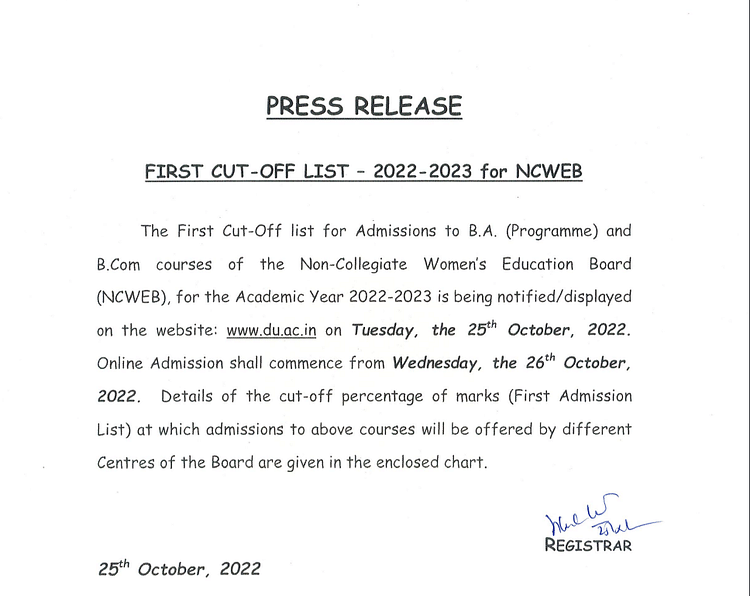 Delhi University Releases DU NCWEB First Cut Off 2022 List Check