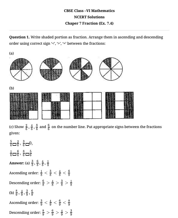 NCERT Solutions for Class 6 Maths Chapter 7 Fractions