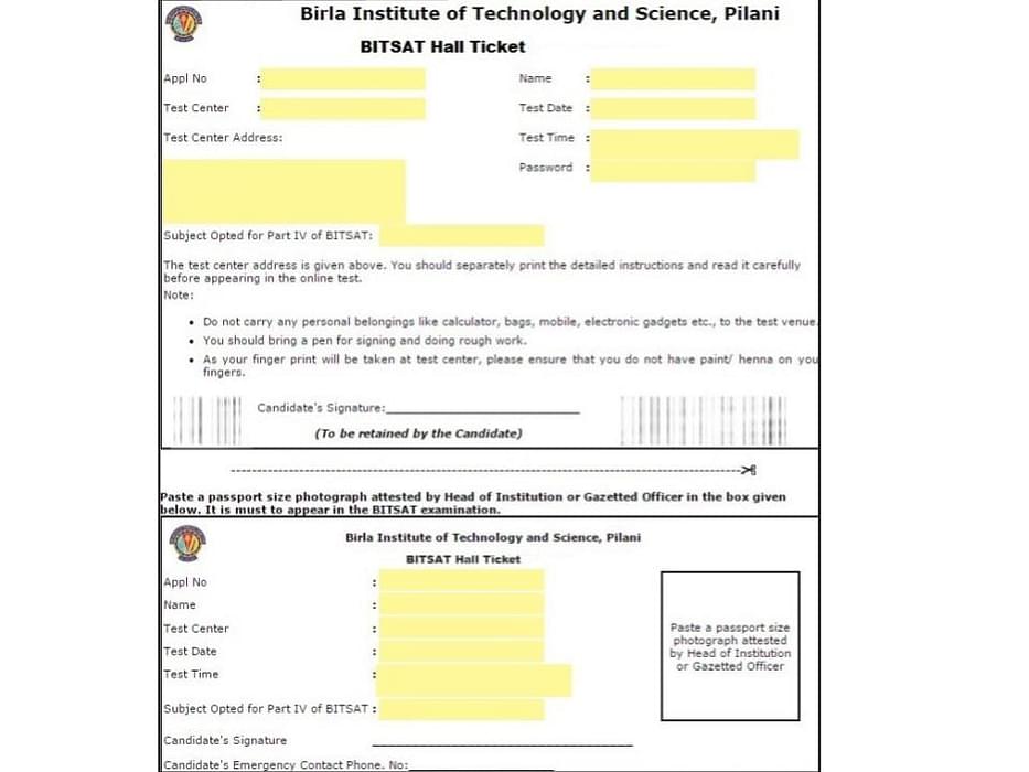 BITSAT Admit Card Sample