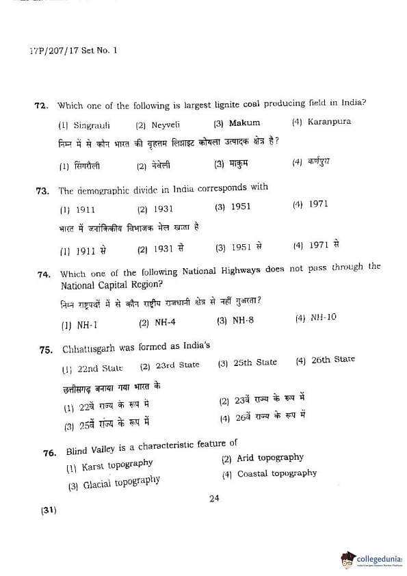 BHU PET 2017 M.A. Geography Question Paper with Answer Key PDFs