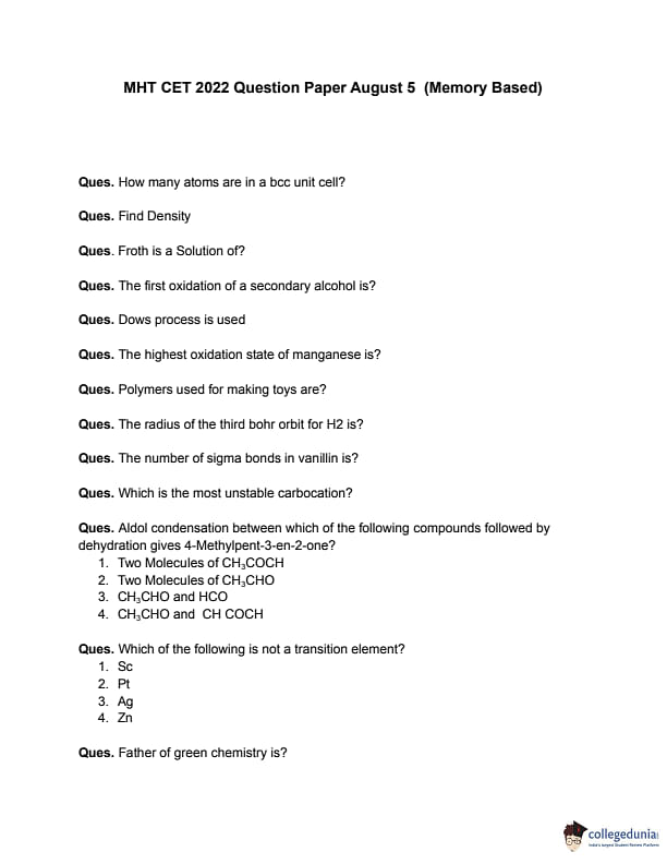 MHT CET 2022 August 5 Shift 2 Question Paper with Answer Key PDFs