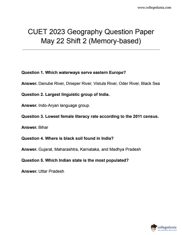 CUET Geography Question Paper 2023 Available Download Question