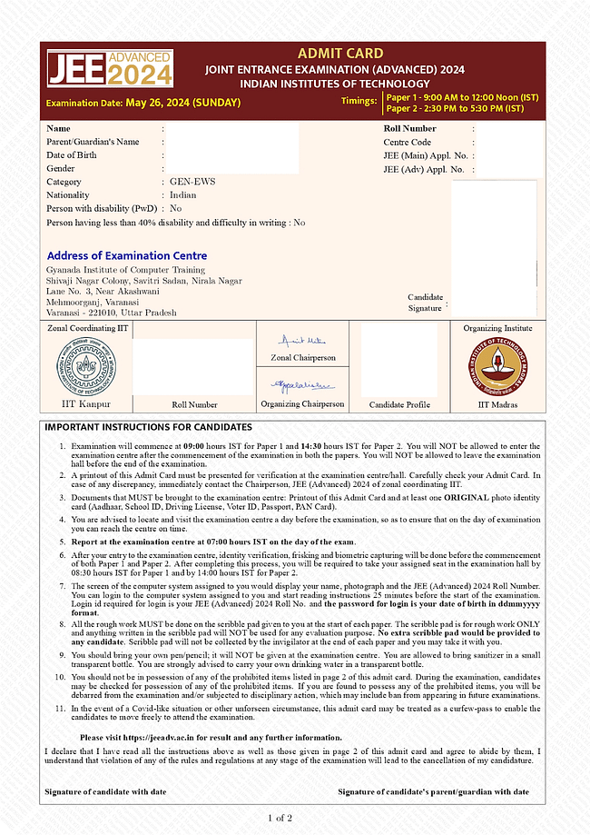 JEE Advanced Admit Card 2024 Out LIVE Updates IIT JEE Hall Ticket