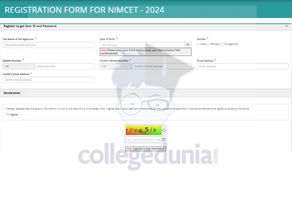 NIMCET application page