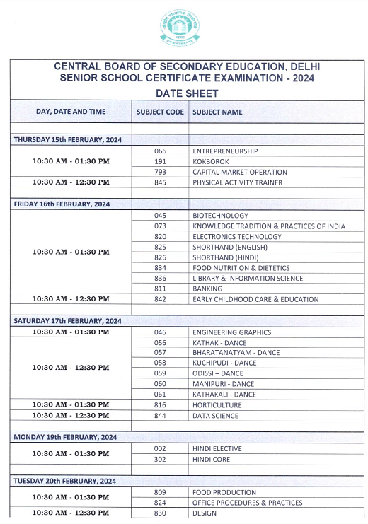 CBSE Class 12 Date Sheet 2024 Revised Download PDF for Science