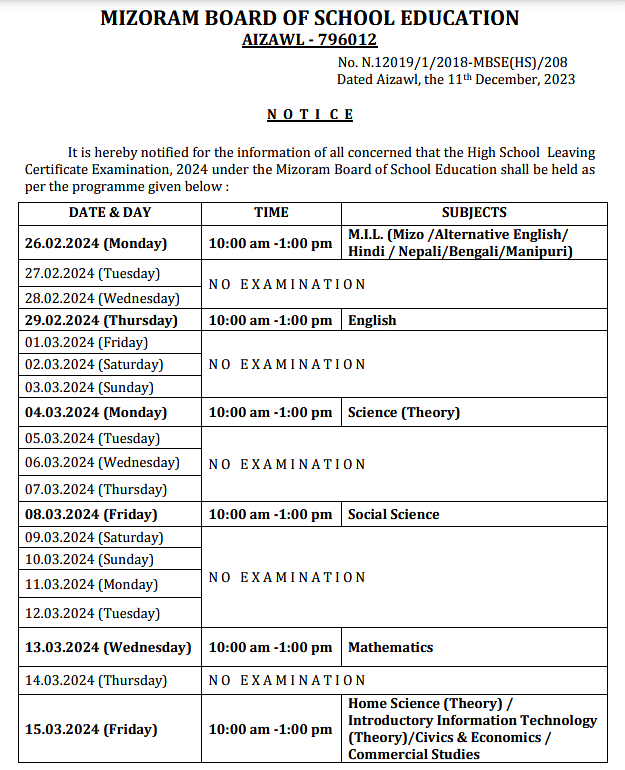 MBSE HSLC Routine 2024 (Out), Download PDF, Practical Dates, Exam Day