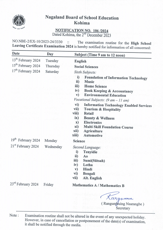 NBSE HSLC Routine 2024 (Out), Download PDF, Check SubjectWise Exam