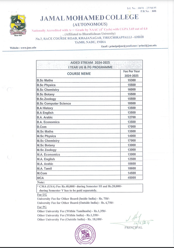 Jamal Mohamed College Aided Stream Fee Structure