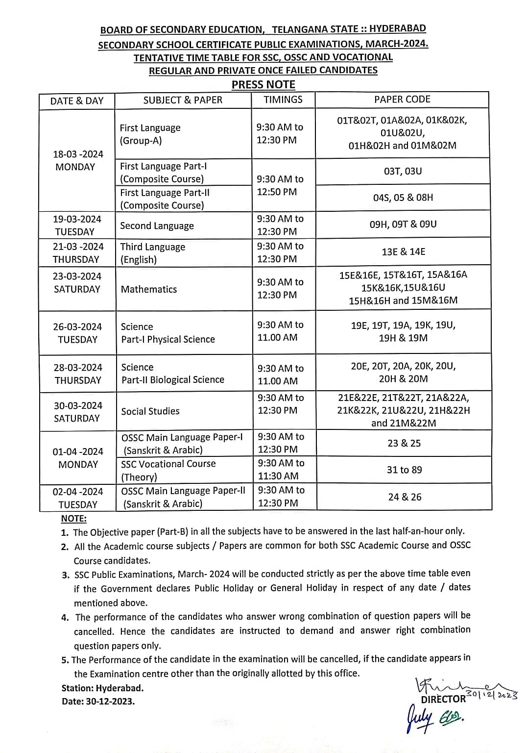 TS SSC Exam Time Table 2024 (Out), PDF Download, Important Instructions