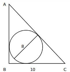 A circle of diameter 8 inches is inscribed in a triangle ABC where ∠ABC = 90°